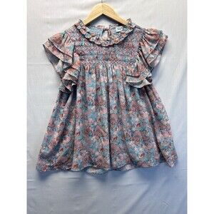 En Saison Anthropologie Floral Flutter Sleeves Smock Blouse Keyhole Womens XS
